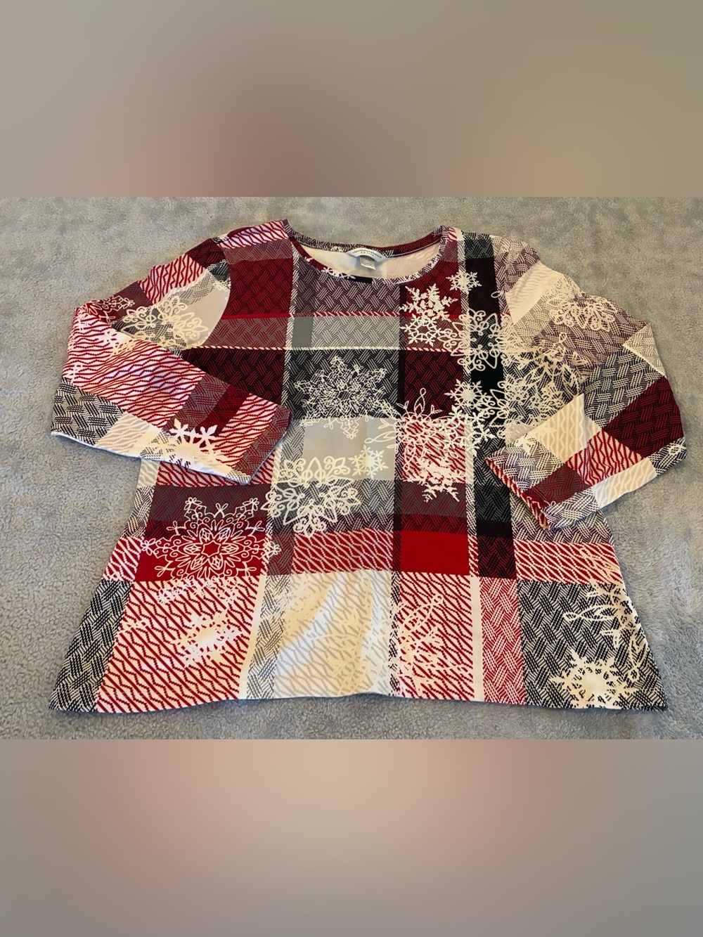 Women’s Christopher & Banks Red Plaid Snowflake Long-Sleeve Top Size Petite XL
